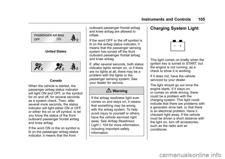CHEVROLET MALIBU LIMITED 2016 8.G Owners Manual Chevrolet Malibu Limited Owner Manual (GMNA-Localizing-U.S/Canada-
9086425) - 2016 - crc - 7/30/15
Instruments and Controls 105
United States
Canada
When the vehicle is started, the
passenger airbag s