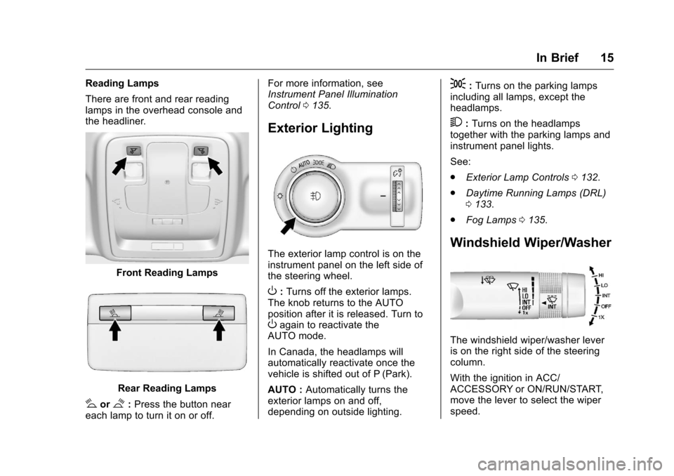 CHEVROLET MALIBU LIMITED 2016 8.G Owners Manual Chevrolet Malibu Limited Owner Manual (GMNA-Localizing-U.S/Canada-
9086425) - 2016 - crc - 7/30/15
In Brief 15
Reading Lamps
There are front and rear reading
lamps in the overhead console and
the head