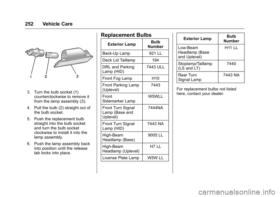 CHEVROLET MALIBU LIMITED 2016 8.G Owners Manual Chevrolet Malibu Limited Owner Manual (GMNA-Localizing-U.S/Canada-
9086425) - 2016 - crc - 7/30/15
252 Vehicle Care
3. Turn the bulb socket (1)counterclockwise to remove it
from the lamp assembly (3).