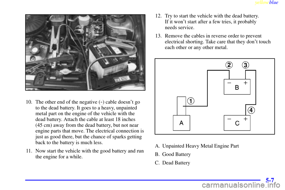 CHEVROLET METRO 1999 2.G Owners Manual yellowblue     
5-7
10. The other end of the negative (-) cable doesnt go
to the dead battery. It goes to a heavy, unpainted
metal part on the engine of the vehicle with the
dead battery. Attach the 
