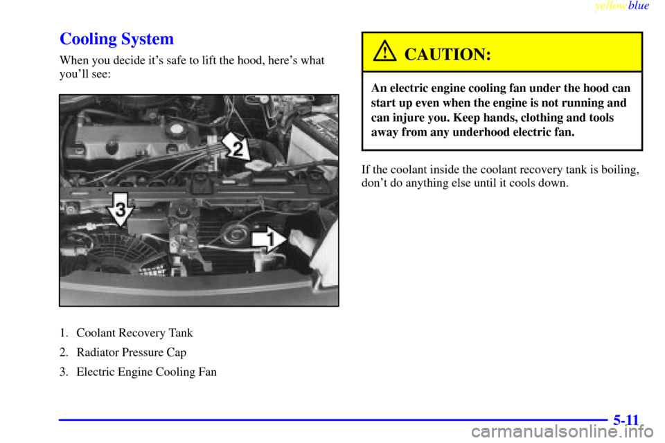 CHEVROLET METRO 1999 2.G Owners Manual yellowblue     
5-11
Cooling System
When you decide its safe to lift the hood, heres what
youll see:
1. Coolant Recovery Tank
2. Radiator Pressure Cap
3. Electric Engine Cooling Fan
CAUTION:
An ele