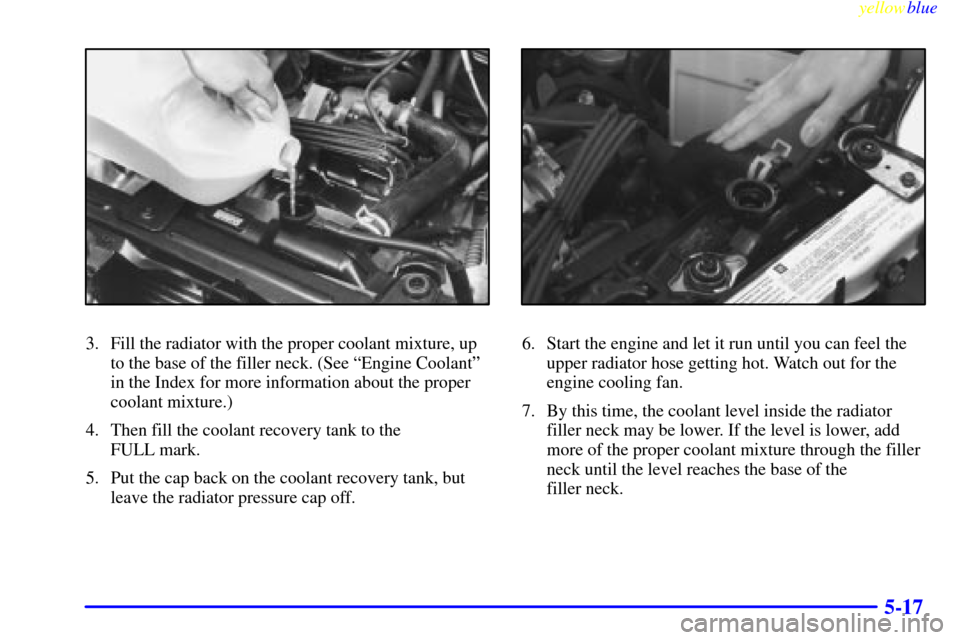 CHEVROLET METRO 1999 2.G Owners Manual yellowblue     
5-17
3. Fill the radiator with the proper coolant mixture, up
to the base of the filler neck. (See ªEngine Coolantº
in the Index for more information about the proper
coolant mixture