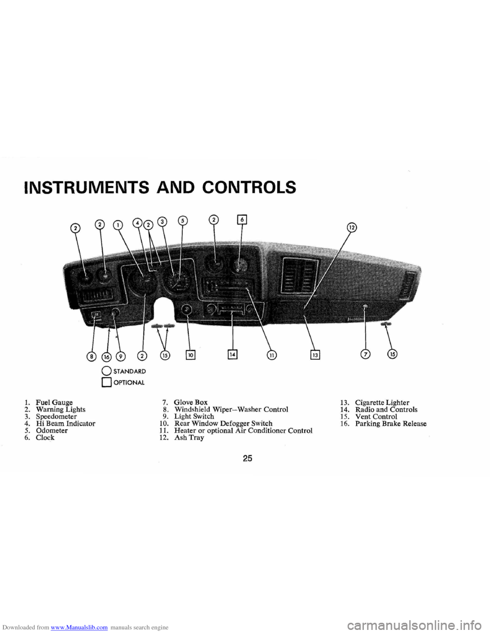CHEVROLET MONTE CARLO 1973 2.G Owners Manual Downloaded from www.Manualslib.com manuals search engine INSTRUMENTS AND CONTROLS 
o STANDARD 
o OPTIONAL 
1. Fuel Gauge  7. GloveBox 13.  Cigarette  Lighter 
2.  Warn ing  Lights 8. Windshield Wiper-