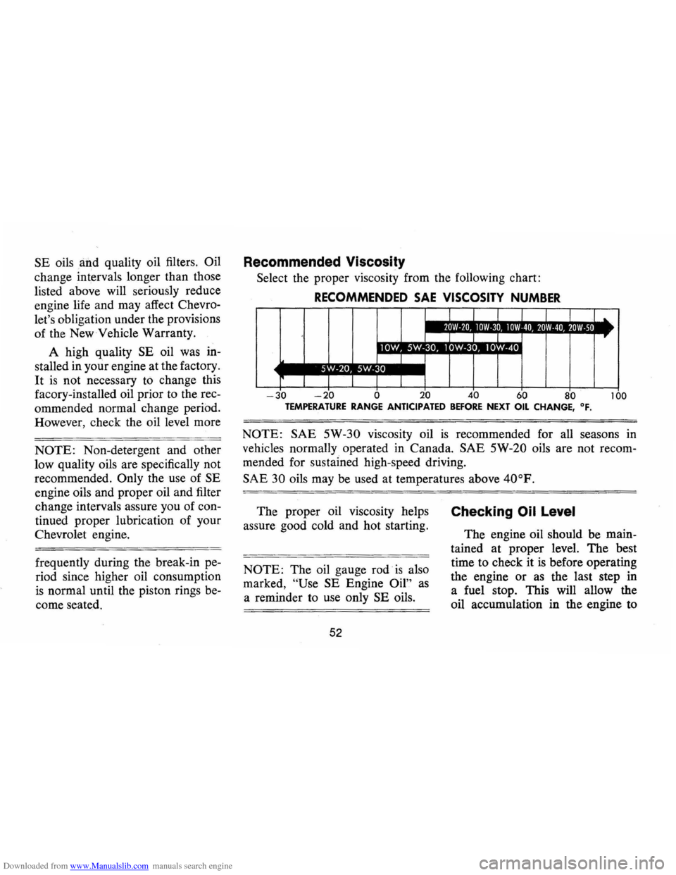 CHEVROLET MONTE CARLO 1973 2.G Owners Manual Downloaded from www.Manualslib.com manuals search engine SE oils and quality oil filters. Oil 
change  intervals  longer than those 
listed  above  will seriously  reduce 
engine  life and  may  affec