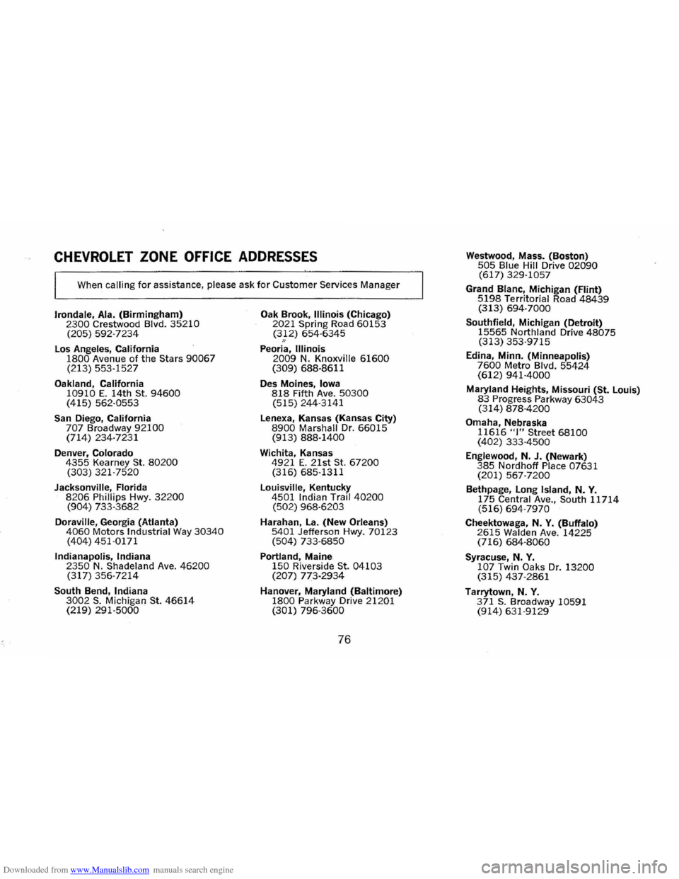 CHEVROLET MONTE CARLO 1973 2.G Manual PDF Downloaded from www.Manualslib.com manuals search engine CHEVROLET ZONE OFFICE ADDRESSES
When calling for assistance, please ask for Customer Services Manager
Irondale, Ala. (Birmingham) 2300 Crest CHEVROLET MONTE CARLO 1973 2.G Manual PDF Downloaded from www.Manualslib.com manuals search engine CHEVROLET ZONE OFFICE ADDRESSES
When calling for assistance, please ask for Customer Services Manager
Irondale, Ala. (Birmingham) 2300 Crest