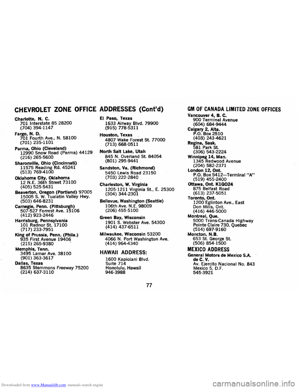 CHEVROLET MONTE CARLO 1973 2.G Manual PDF Downloaded from www.Manualslib.com manuals search engine CHEVROLET ZONE OFFICE ADDRESSES (Contd)
Charlotte, N. C. 701 Interstate 85 28200 (704) 394·1147
Fargo, N. D. 701 Fourth Ave., N. 58100 ( CHEVROLET MONTE CARLO 1973 2.G Manual PDF Downloaded from www.Manualslib.com manuals search engine CHEVROLET ZONE OFFICE ADDRESSES (Contd)
Charlotte, N. C. 701 Interstate 85 28200 (704) 394·1147
Fargo, N. D. 701 Fourth Ave., N. 58100 (
