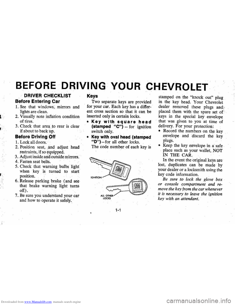 CHEVROLET MONTE CARLO 1976 2.G Owners Manual Downloaded from www.Manualslib.com manuals search engine , 
BEFORE DRIVING YOUR CHEVROLET 
DRIVER CHECKLIST 
Before Entering Car 
1. See that windows ; mirrors  and 
lights  are clean. 
2. Visually  n