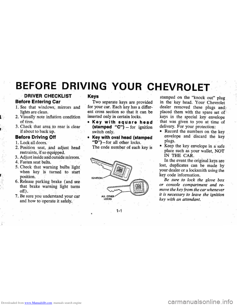 CHEVROLET MONTE CARLO 1976 2.G Owners Manual Downloaded from www.Manualslib.com manuals search engine ,
BEFORE DRIVING YOUR CHEVROLET
DRIVER CHECKLIST
Before Entering Car
1. See that windows ; mirrors and
lights are clean.
2. Visually n CHEVROLET MONTE CARLO 1976 2.G Owners Manual Downloaded from www.Manualslib.com manuals search engine ,
BEFORE DRIVING YOUR CHEVROLET
DRIVER CHECKLIST
Before Entering Car
1. See that windows ; mirrors and
lights are clean.
2. Visually n