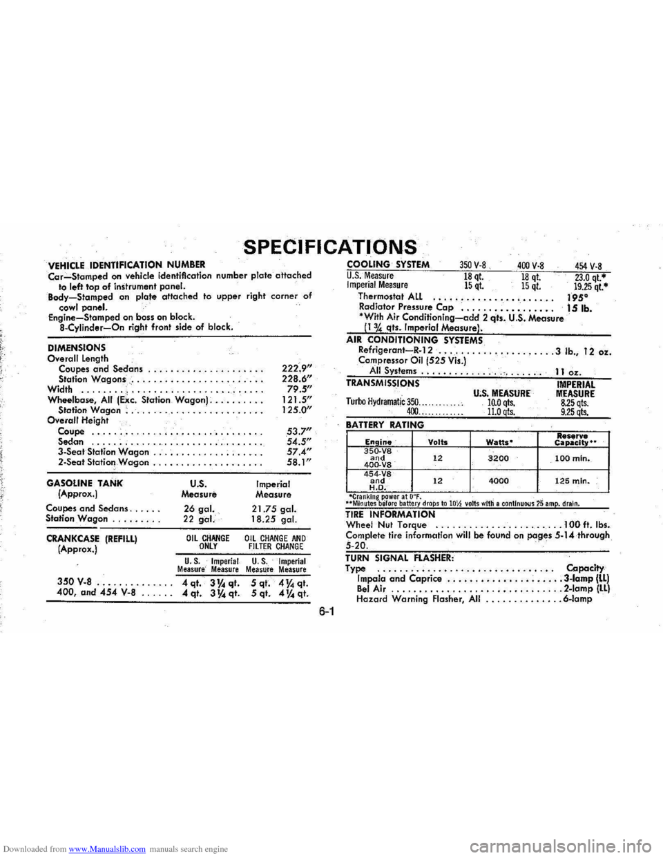 CHEVROLET MONTE CARLO 1976 2.G Owners Manual Downloaded from www.Manualslib.com manuals search engine SPECIFICATIONS 
VEHICLE IDENTIFICATION NUMBER Car.....;.Stamped on vehicle  identification  number plate ottached to left top  of instrument pa