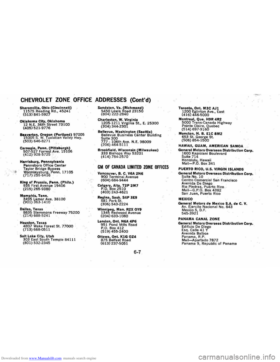 CHEVROLET MONTE CARLO 1976 2.G Owners Manual Downloaded from www.Manualslib.com manuals search engine CHEVROLET ZONE OFFICE ADDRESSES (Contd) 
Sh.ronvllle, Ohio (Cincinnati) 11575 Reading Rd., 45241 (513) 841·5927 
_Oklahoma City, Oklahoma 12 