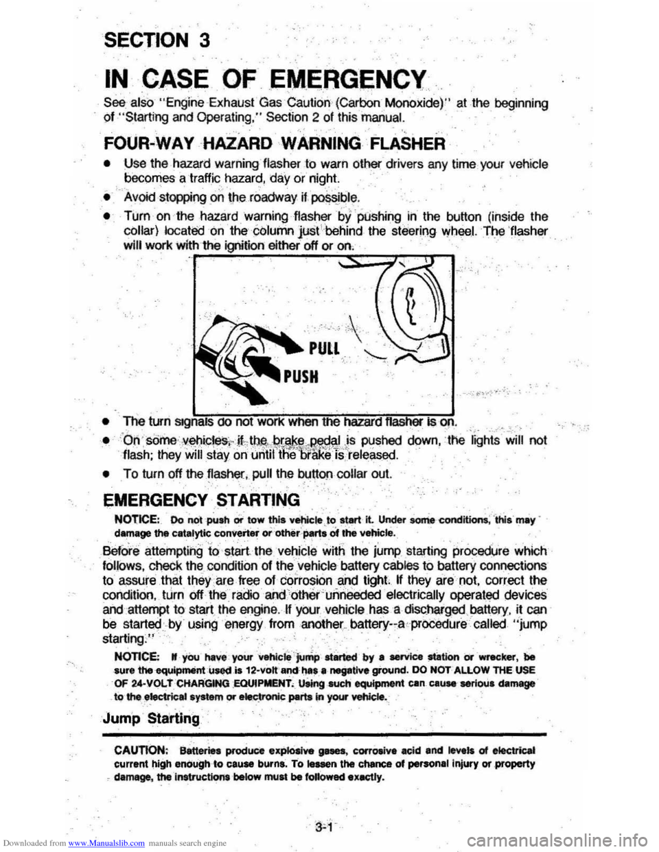 CHEVROLET MONTE CARLO 1981 4.G Owners Manual Downloaded from www.Manualslib.com manuals search engine SECTION 3 
IN CASE OF ,EM,ERGENCY 
See also  "Engine ,ExhausIGas Caution (Carbon Monoxide)"  at the  beginning 
of 
"Starting and  Operating ."