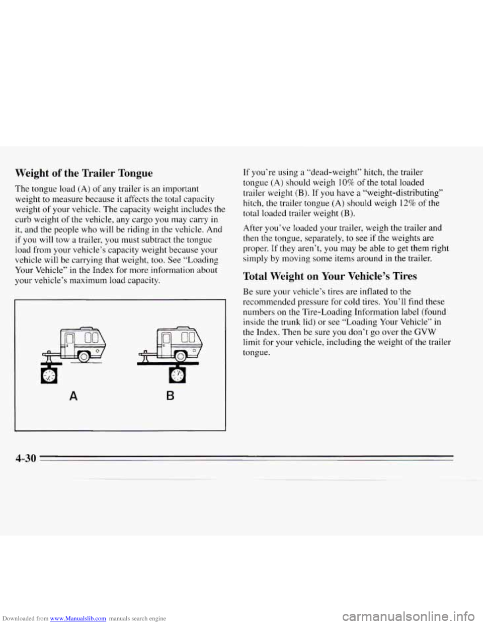 CHEVROLET MONTE CARLO 1995 5.G Owners Manual Downloaded from www.Manualslib.com manuals search engine Weight of the  Trailer  Tongue 
The tongue load (A) of any trailer is an important 
weight  to measure because 
it affects the  total capacity 