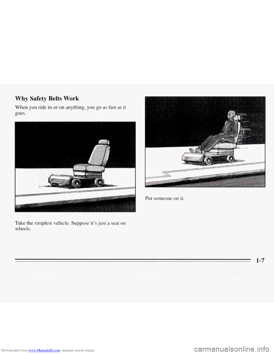 CHEVROLET MONTE CARLO 1995 5.G User Guide Downloaded from www.Manualslib.com manuals search engine Why  Safety  Belts Work 
When you ride in or on anything, you go as  fast  as it 
goes. 
Take the simplest vehicle.  Suppose its 
just a seat 