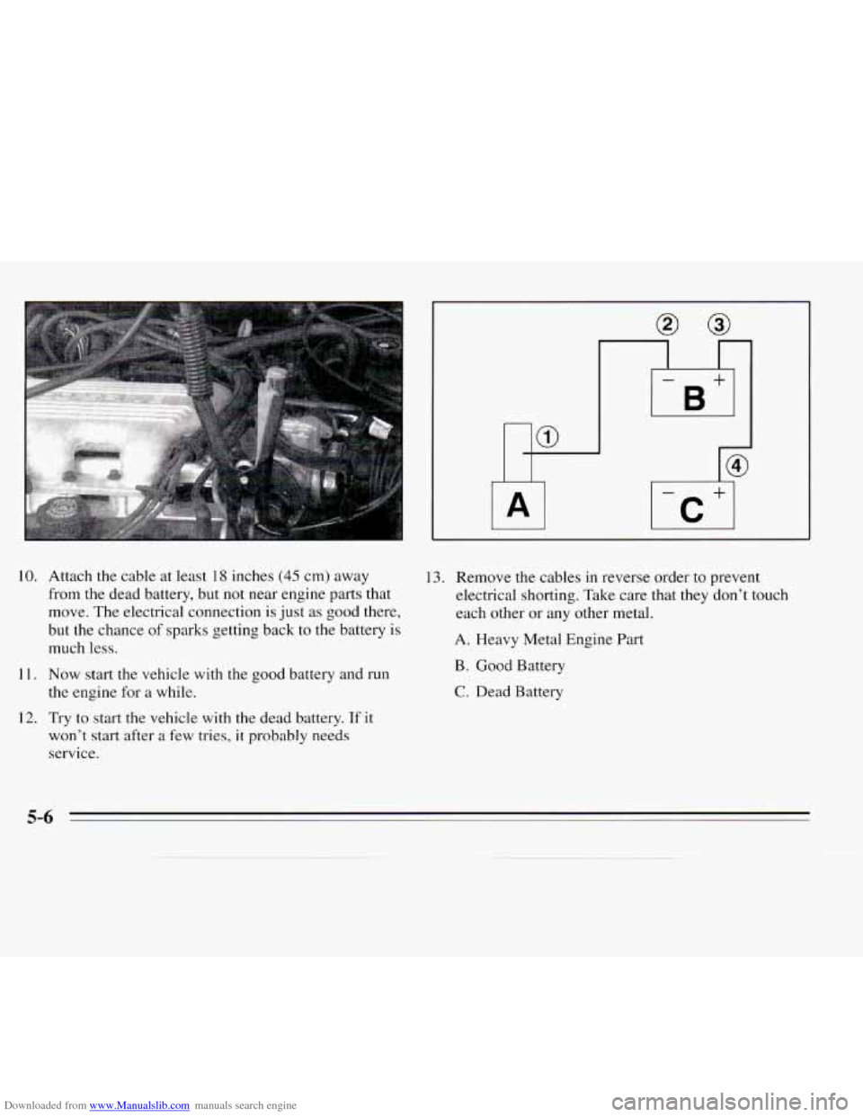 CHEVROLET MONTE CARLO 1995 5.G Owners Manual Downloaded from www.Manualslib.com manuals search engine r
10.
11.
12.
Attach the cable at least 18 inches (45 cm) away
from the dead battery, but not near engine parts that
move. The elect CHEVROLET MONTE CARLO 1995 5.G Owners Manual Downloaded from www.Manualslib.com manuals search engine r
10.
11.
12.
Attach the cable at least 18 inches (45 cm) away
from the dead battery, but not near engine parts that
move. The elect