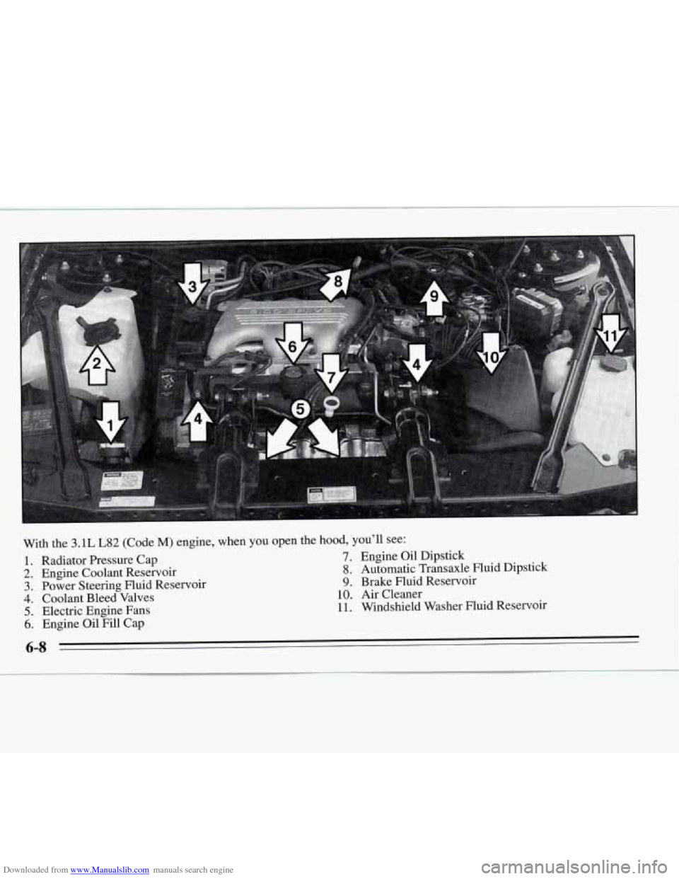 CHEVROLET MONTE CARLO 1995 5.G Owners Manual Downloaded from www.Manualslib.com manuals search engine 1 LA
1. Radiator Pressure Cap
2. Engine Coolant Reservoir
3. Power Steering Fluid Reservoir
4. Coolant Bleed Valves
5. Electric Engine F CHEVROLET MONTE CARLO 1995 5.G Owners Manual Downloaded from www.Manualslib.com manuals search engine 1 LA
1. Radiator Pressure Cap
2. Engine Coolant Reservoir
3. Power Steering Fluid Reservoir
4. Coolant Bleed Valves
5. Electric Engine F