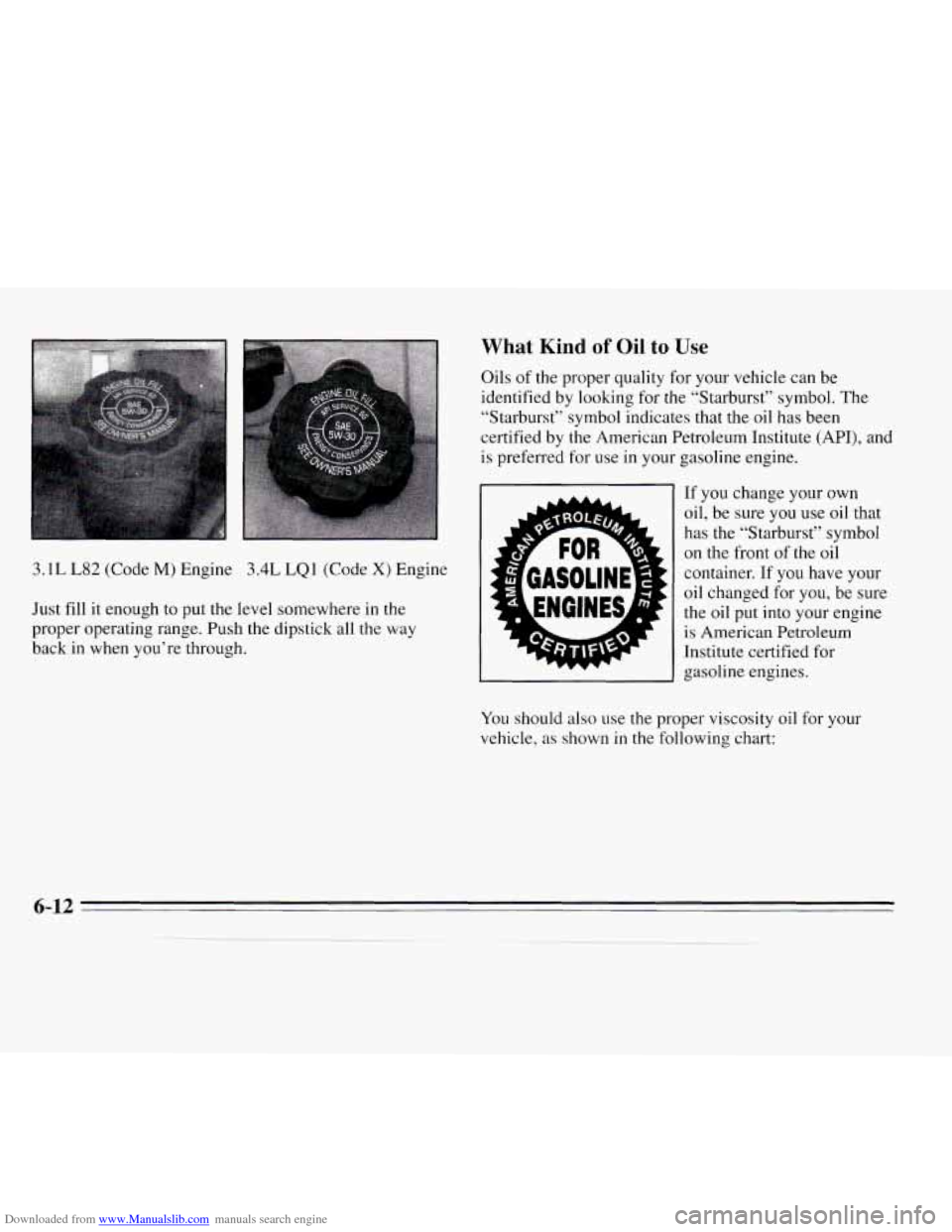 CHEVROLET MONTE CARLO 1995 5.G Owners Manual Downloaded from www.Manualslib.com manuals search engine 3.1 L L82 (Code M) Engine 3.4L LQ 1 (Code X) Engine
Just fill it enough to
put the level somewhere in the
proper operating range. Push th CHEVROLET MONTE CARLO 1995 5.G Owners Manual Downloaded from www.Manualslib.com manuals search engine 3.1 L L82 (Code M) Engine 3.4L LQ 1 (Code X) Engine
Just fill it enough to
put the level somewhere in the
proper operating range. Push th