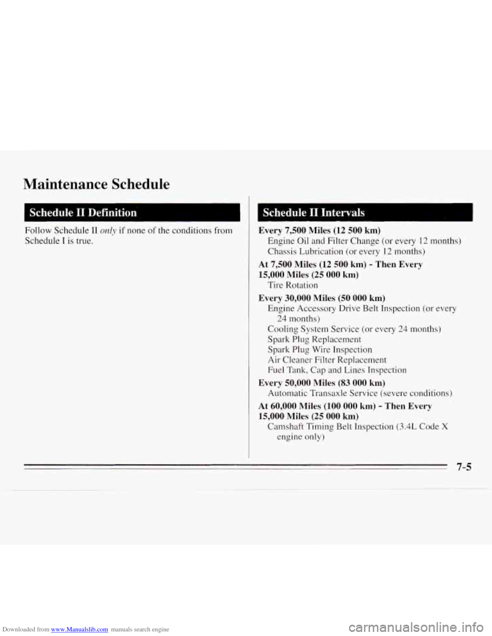 CHEVROLET MONTE CARLO 1995 5.G Owners Manual Downloaded from www.Manualslib.com manuals search engine Maintenance Schedule
I Schedule I1 Definition
Follow Schedule I1 only if none of the conditions from
Schedule
I is true.
Schedule I1 CHEVROLET MONTE CARLO 1995 5.G Owners Manual Downloaded from www.Manualslib.com manuals search engine Maintenance Schedule
I Schedule I1 Definition
Follow Schedule I1 only if none of the conditions from
Schedule
I is true.
Schedule I1