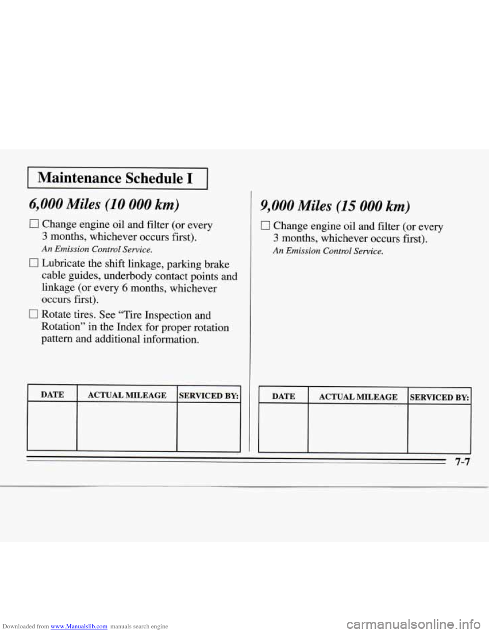 CHEVROLET MONTE CARLO 1995 5.G Owners Manual Downloaded from www.Manualslib.com manuals search engine 1 Maintenance Schedule I I
6,000 Miles (10 000 km)
0 Change engine oil and filter (or every
3 months, whichever occurs first).
An Em CHEVROLET MONTE CARLO 1995 5.G Owners Manual Downloaded from www.Manualslib.com manuals search engine 1 Maintenance Schedule I I
6,000 Miles (10 000 km)
0 Change engine oil and filter (or every
3 months, whichever occurs first).
An Em
