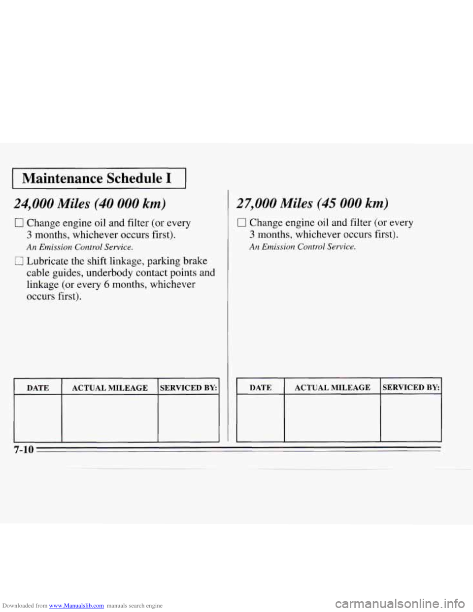 CHEVROLET MONTE CARLO 1995 5.G Owners Manual Downloaded from www.Manualslib.com manuals search engine I Maintenance Schedule I I
24,000 Miles (40 000 km)
0 Change engine oil and filter (or every
3 months, whichever occurs first).
An Emiss CHEVROLET MONTE CARLO 1995 5.G Owners Manual Downloaded from www.Manualslib.com manuals search engine I Maintenance Schedule I I
24,000 Miles (40 000 km)
0 Change engine oil and filter (or every
3 months, whichever occurs first).
An Emiss