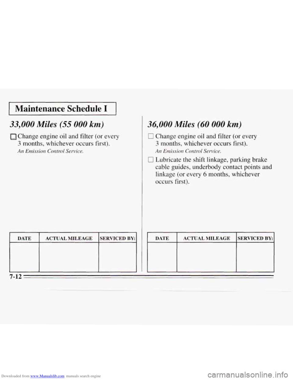 CHEVROLET MONTE CARLO 1995 5.G Owners Manual Downloaded from www.Manualslib.com manuals search engine I Maintenance Schedule I I
33,000 Miles (55 000 km)
Change engine oil and filter (or every
3 months, whichever occurs first).
An Emission CHEVROLET MONTE CARLO 1995 5.G Owners Manual Downloaded from www.Manualslib.com manuals search engine I Maintenance Schedule I I
33,000 Miles (55 000 km)
Change engine oil and filter (or every
3 months, whichever occurs first).
An Emission