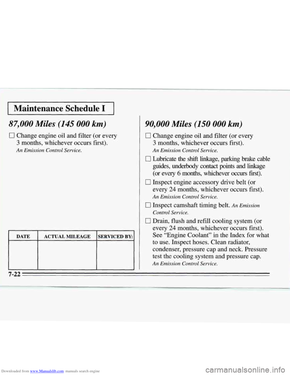 CHEVROLET MONTE CARLO 1995 5.G Owners Manual Downloaded from www.Manualslib.com manuals search engine . ..
Maintenance Schedule I I
87,000 Miles (145 000 km)
17 Change engine oil and filter (or every
3 months, whichever occurs first).
CHEVROLET MONTE CARLO 1995 5.G Owners Manual Downloaded from www.Manualslib.com manuals search engine . ..
Maintenance Schedule I I
87,000 Miles (145 000 km)
17 Change engine oil and filter (or every
3 months, whichever occurs first).