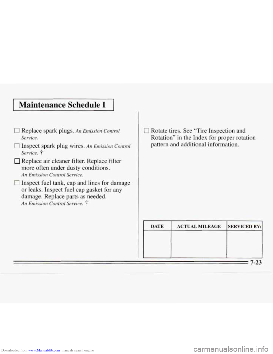 CHEVROLET MONTE CARLO 1995 5.G Owners Manual Downloaded from www.Manualslib.com manuals search engine Maintenance Schedule I
0 Replace spark plugs. An Emission Control
Service.
0 Inspect spark plug wires. An Emission Control
Service.
Repl CHEVROLET MONTE CARLO 1995 5.G Owners Manual Downloaded from www.Manualslib.com manuals search engine Maintenance Schedule I
0 Replace spark plugs. An Emission Control
Service.
0 Inspect spark plug wires. An Emission Control
Service.
Repl