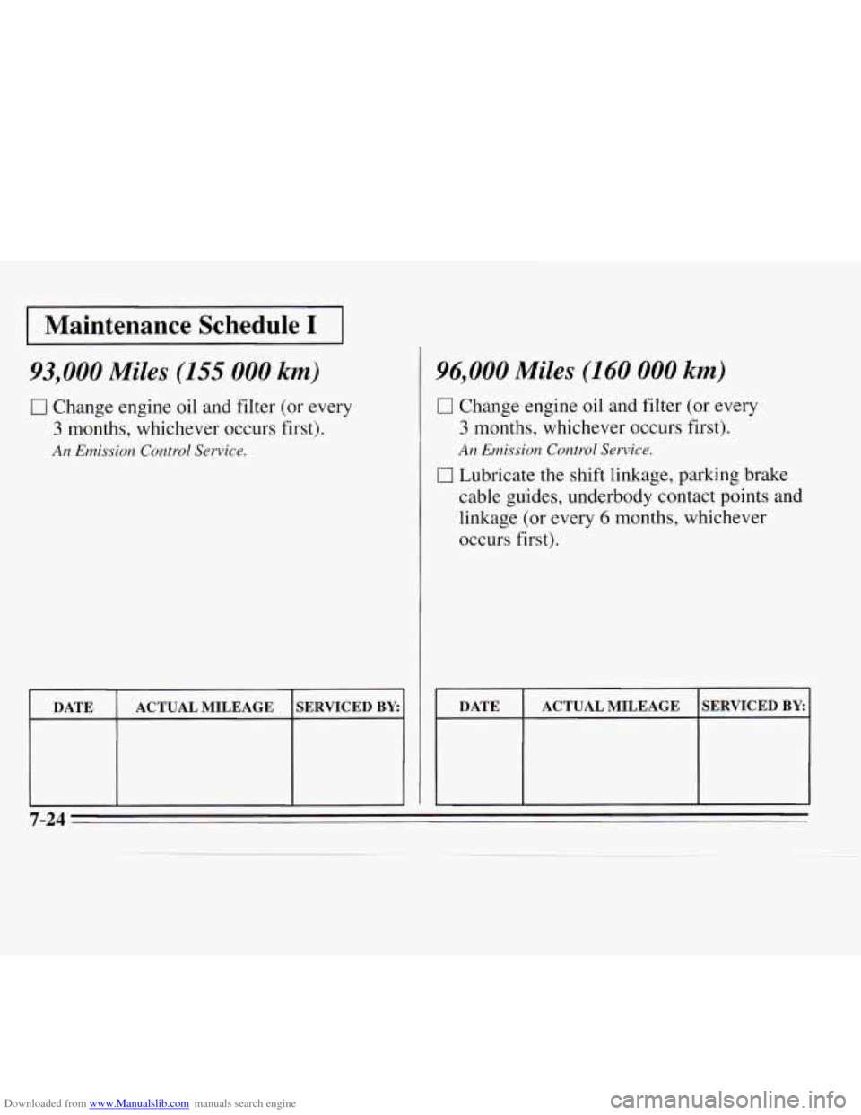 CHEVROLET MONTE CARLO 1995 5.G Owners Manual Downloaded from www.Manualslib.com manuals search engine 1 Maintenance Schedule I I
93,000 Miles (155 000 km)
0 Change engine oil and filter (or every
3 months, whichever occurs first).
An Emissi CHEVROLET MONTE CARLO 1995 5.G Owners Manual Downloaded from www.Manualslib.com manuals search engine 1 Maintenance Schedule I I
93,000 Miles (155 000 km)
0 Change engine oil and filter (or every
3 months, whichever occurs first).
An Emissi
