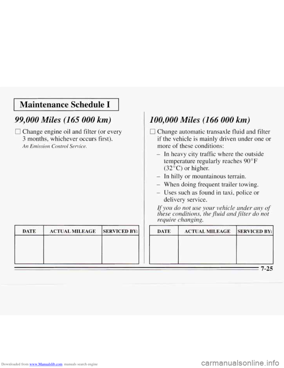 CHEVROLET MONTE CARLO 1995 5.G Owners Manual Downloaded from www.Manualslib.com manuals search engine I Maintenance Schedule I I
99,000 Miles (165 000 km)
0 Change engine oil and filter (or every
3 months, whichever occurs first).
An Emis CHEVROLET MONTE CARLO 1995 5.G Owners Manual Downloaded from www.Manualslib.com manuals search engine I Maintenance Schedule I I
99,000 Miles (165 000 km)
0 Change engine oil and filter (or every
3 months, whichever occurs first).
An Emis