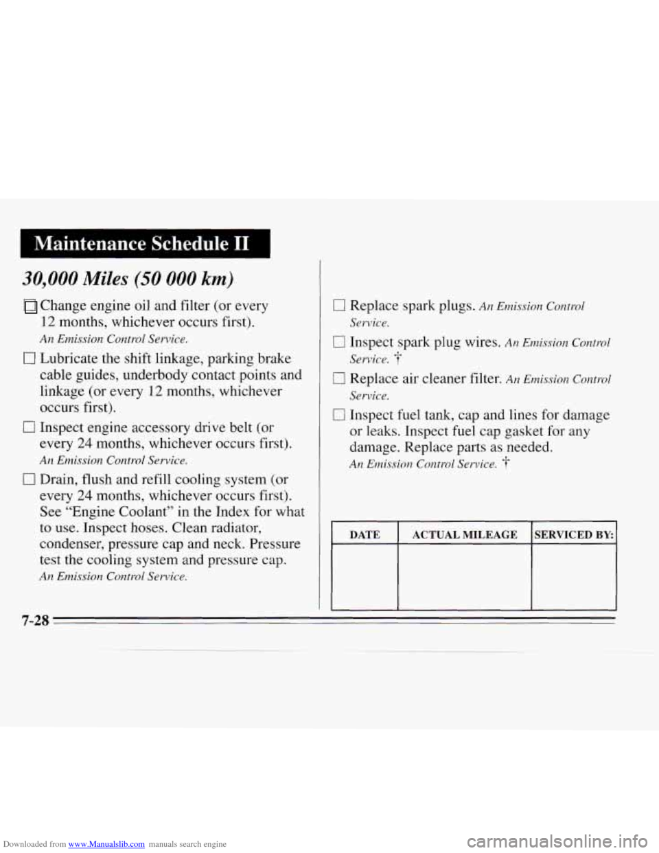 CHEVROLET MONTE CARLO 1995 5.G Owners Manual Downloaded from www.Manualslib.com manuals search engine I Maintenance Schedule I1
30,000 Miles (50 000 km)
Change engine oil and filter (or every
12 months, whichever occurs first).
AH Er CHEVROLET MONTE CARLO 1995 5.G Owners Manual Downloaded from www.Manualslib.com manuals search engine I Maintenance Schedule I1
30,000 Miles (50 000 km)
Change engine oil and filter (or every
12 months, whichever occurs first).
AH Er