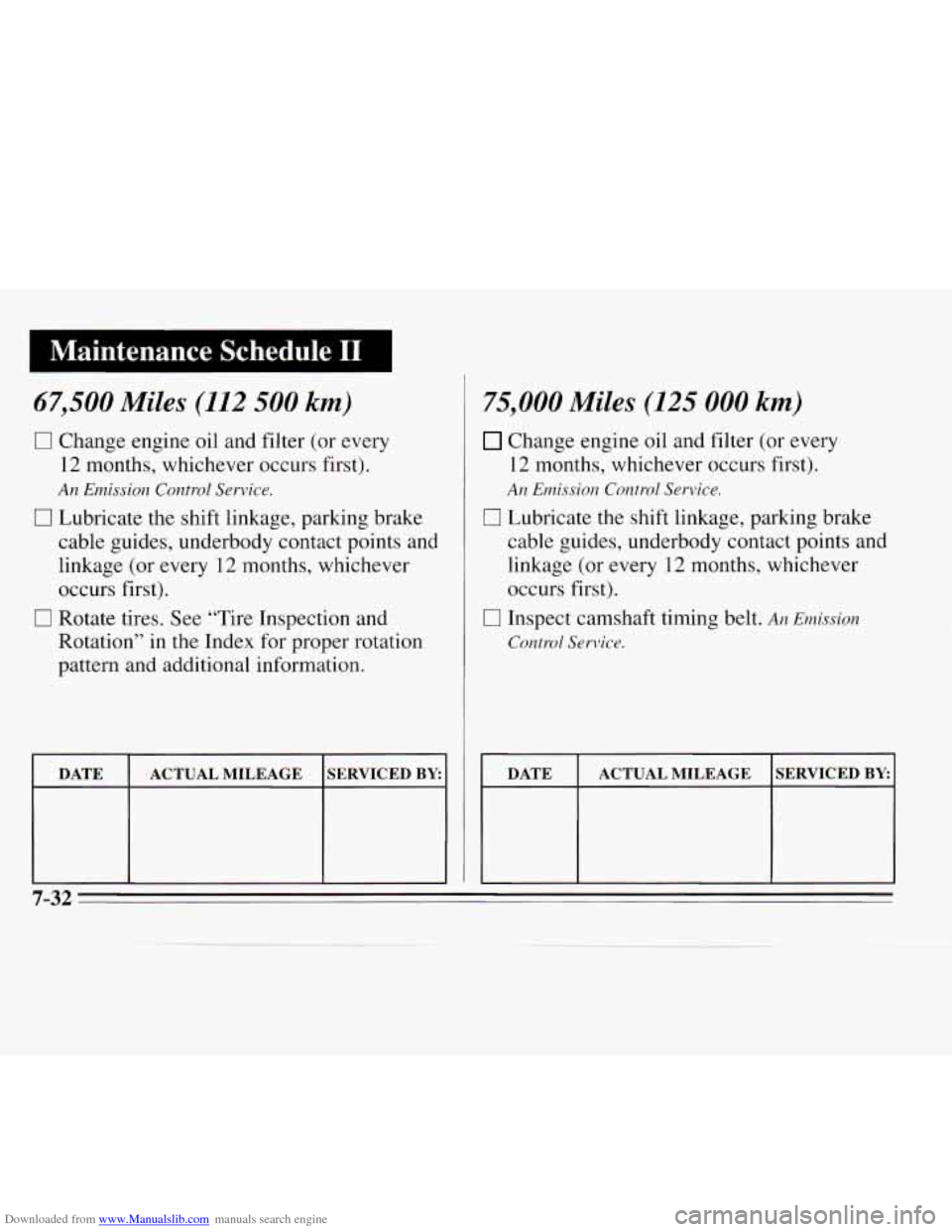 CHEVROLET MONTE CARLO 1995 5.G Owners Manual Downloaded from www.Manualslib.com manuals search engine I Maintenance Schedule I1
67,500 Miles (112 500 km)
0 Change engine oil and filter (or every
12 months, whichever occurs first).
An Emiss CHEVROLET MONTE CARLO 1995 5.G Owners Manual Downloaded from www.Manualslib.com manuals search engine I Maintenance Schedule I1
67,500 Miles (112 500 km)
0 Change engine oil and filter (or every
12 months, whichever occurs first).
An Emiss