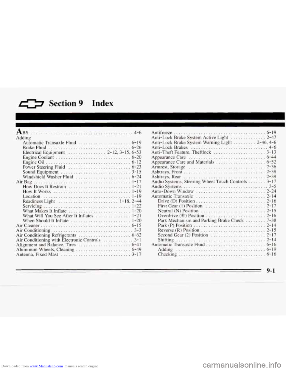CHEVROLET MONTE CARLO 1995 5.G Owners Manual Downloaded from www.Manualslib.com manuals search engine 0 Section 9 Index
ABS ......................................... 4-6
Adding Automatic Transaxle Fluid
..................... 6- I9
Brake F CHEVROLET MONTE CARLO 1995 5.G Owners Manual Downloaded from www.Manualslib.com manuals search engine 0 Section 9 Index
ABS ......................................... 4-6
Adding Automatic Transaxle Fluid
..................... 6- I9
Brake F