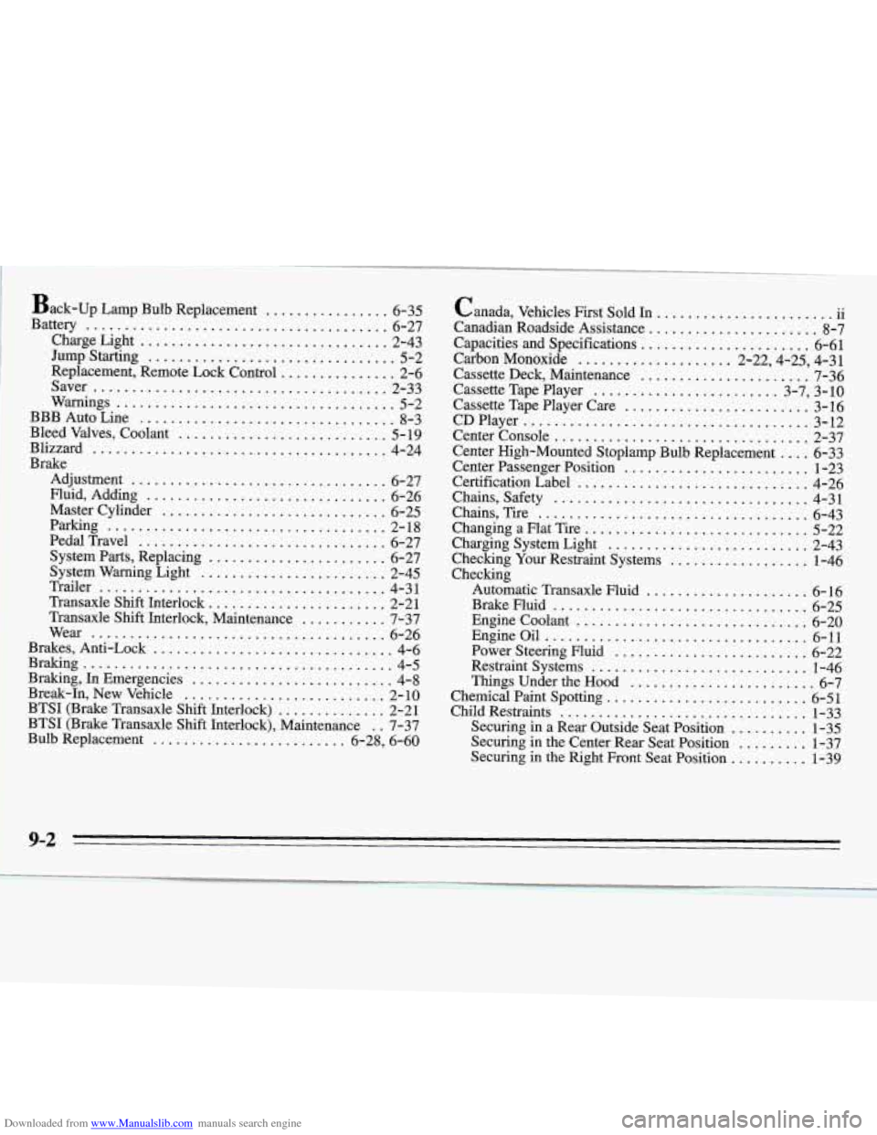 CHEVROLET MONTE CARLO 1995 5.G Owners Manual Downloaded from www.Manualslib.com manuals search engine Back-up Lamp  Bulb  Replacement ................ 6-35 
Charge  Light 
................................ 2-43 
.. .Jump  Starting 5-2 . Replaceme