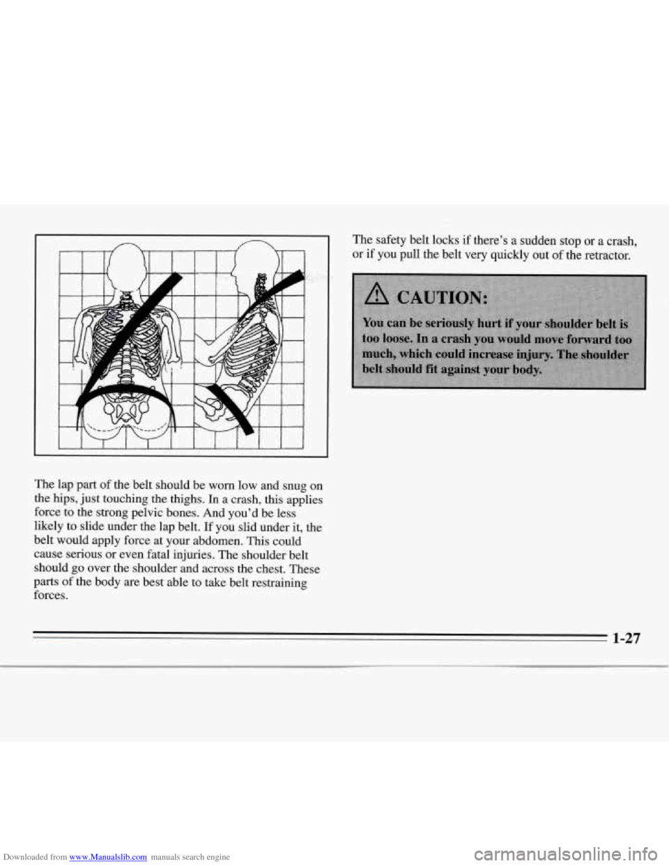 CHEVROLET MONTE CARLO 1995 5.G Owners Guide Downloaded from www.Manualslib.com manuals search engine The lap part of the belt should be worn low and snug on
the hips, just touching the thighs.
In a crash, this applies
force to CHEVROLET MONTE CARLO 1995 5.G Owners Guide Downloaded from www.Manualslib.com manuals search engine The lap part of the belt should be worn low and snug on
the hips, just touching the thighs.
In a crash, this applies
force to