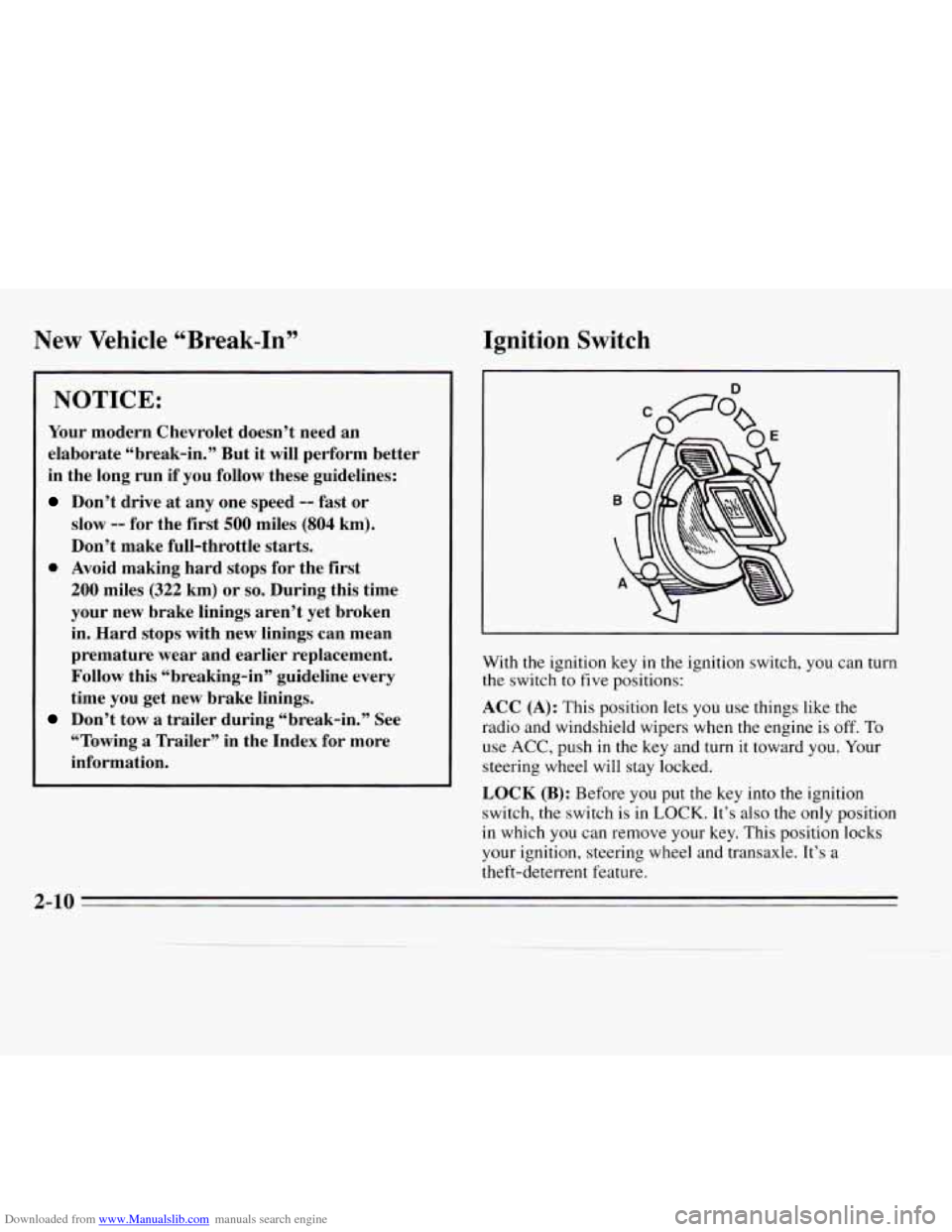CHEVROLET MONTE CARLO 1995 5.G Repair Manual Downloaded from www.Manualslib.com manuals search engine New Vehicle “Break-In” Ignition
Switch
NOTICE:
Your modern Chevrolet doesn’t need an
elaborate “break-in.” But it will pe CHEVROLET MONTE CARLO 1995 5.G Repair Manual Downloaded from www.Manualslib.com manuals search engine New Vehicle “Break-In” Ignition
Switch
NOTICE:
Your modern Chevrolet doesn’t need an
elaborate “break-in.” But it will pe