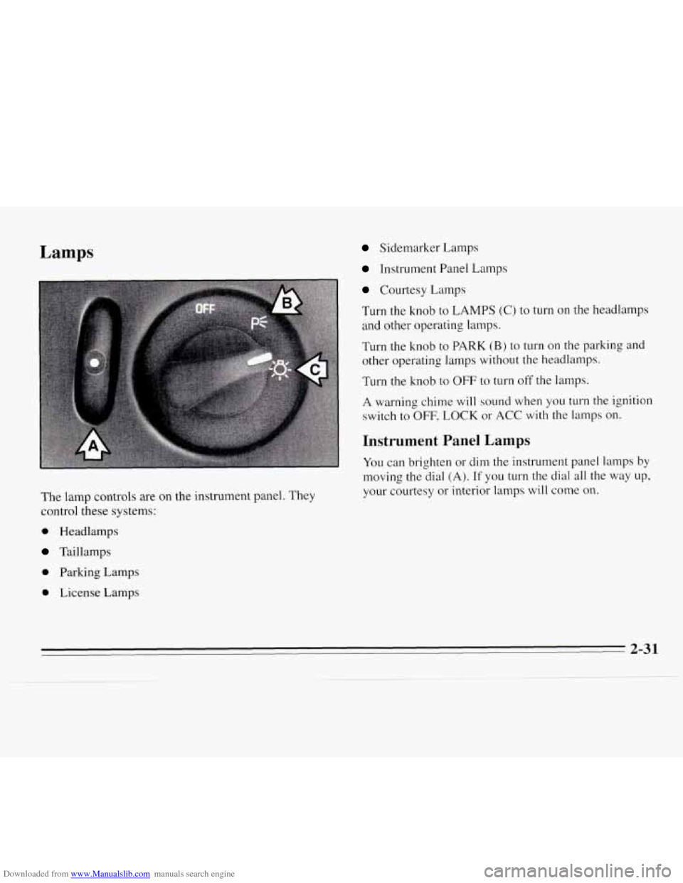 CHEVROLET MONTE CARLO 1995 5.G Manual Online Downloaded from www.Manualslib.com manuals search engine Lamps Sidemarker Lamps 
Instrument  Panel Lamps 
Courtesy Lamps 
Turn the knob 
to LAMPS  (C) to turn  on the headlamps 
and  other  operating 