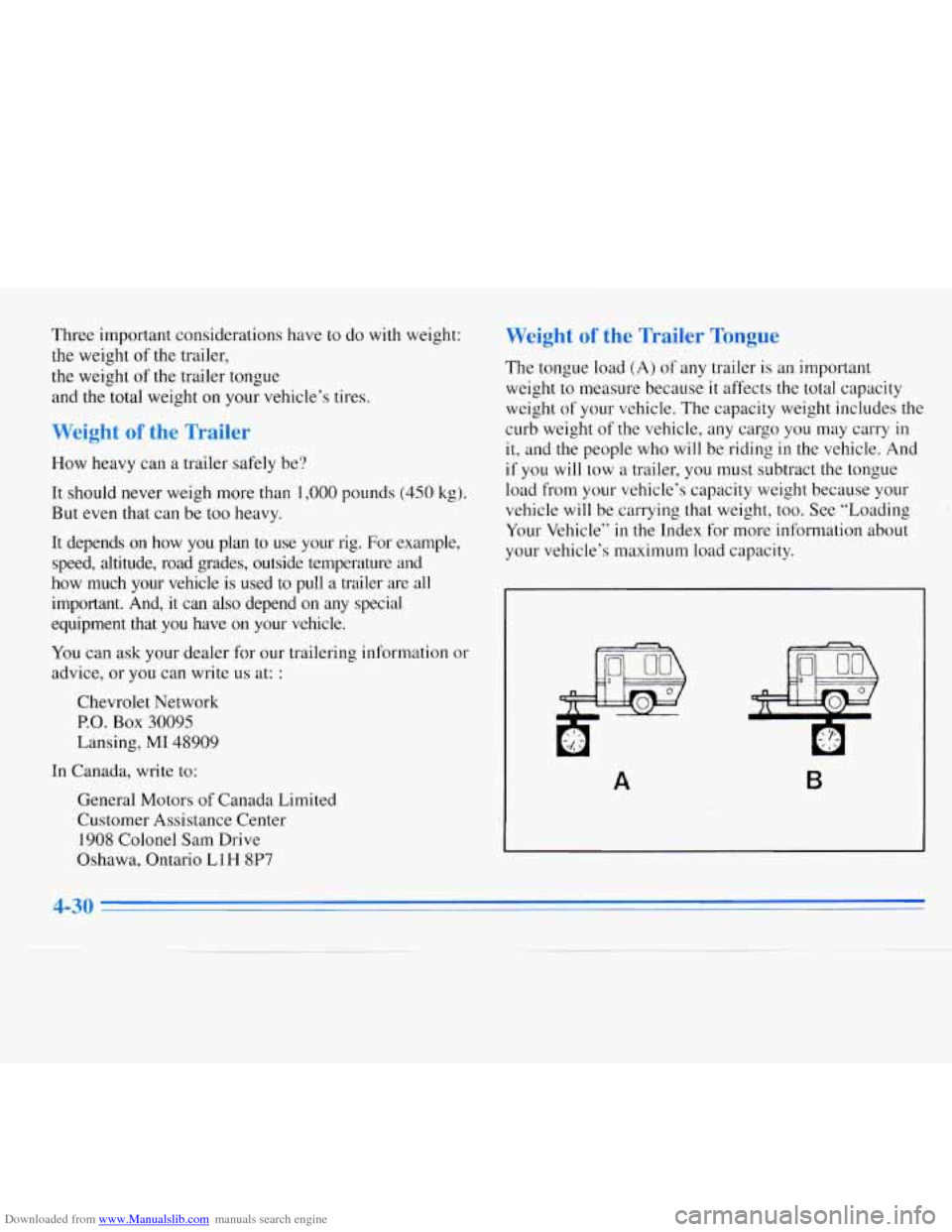 CHEVROLET MONTE CARLO 1996 5.G Owners Manual Downloaded from www.Manualslib.com manuals search engine Three important considerations have to do with weight:
the weight of the trailer,
the weight of the trailer tongue
and the total weigh CHEVROLET MONTE CARLO 1996 5.G Owners Manual Downloaded from www.Manualslib.com manuals search engine Three important considerations have to do with weight:
the weight of the trailer,
the weight of the trailer tongue
and the total weigh