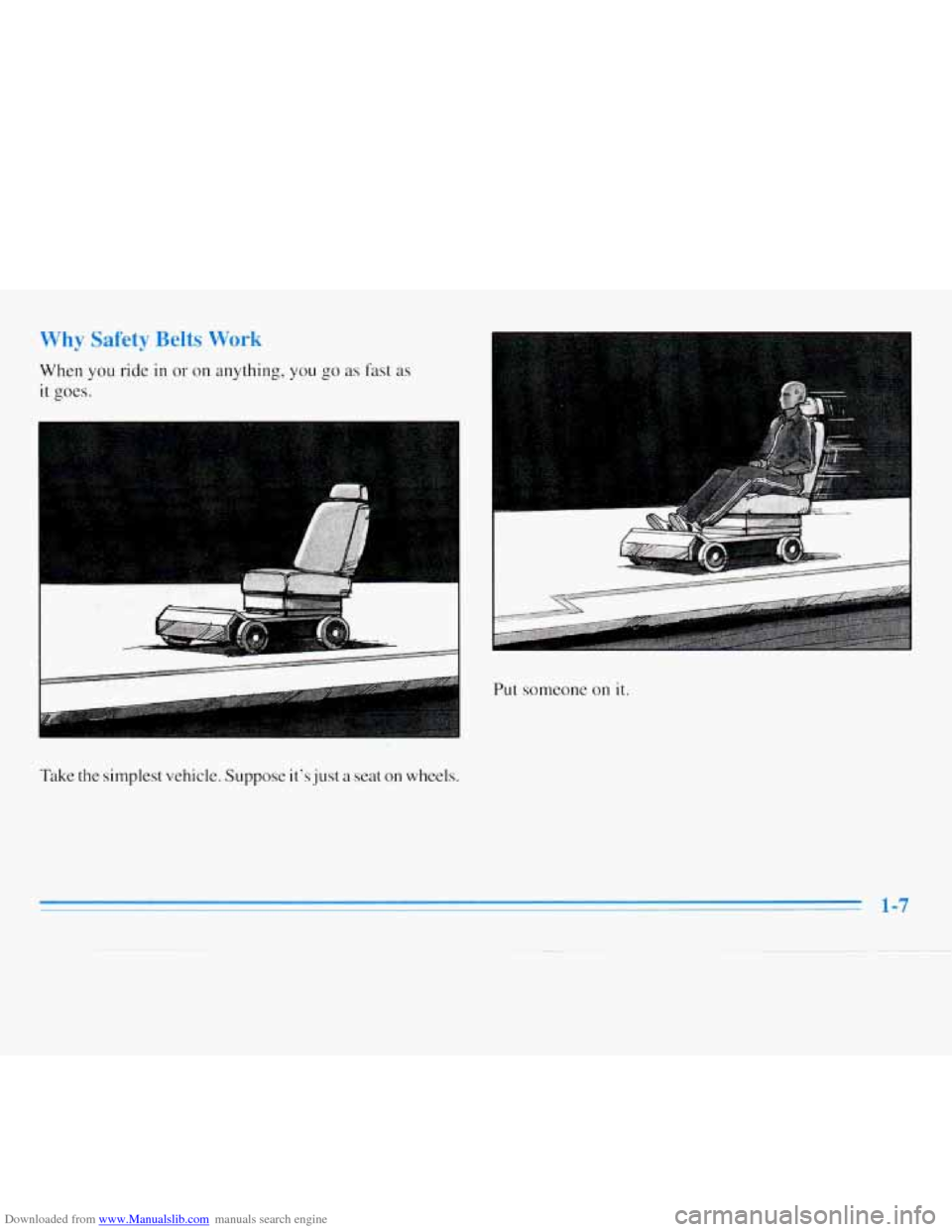 CHEVROLET MONTE CARLO 1996 5.G User Guide Downloaded from www.Manualslib.com manuals search engine WI - :ty Belts Work 
When you ride in or on anything,  you go as fast  as 
it goes. 
I 
Take the simplest vehicle. Suppose it’s just a seat o