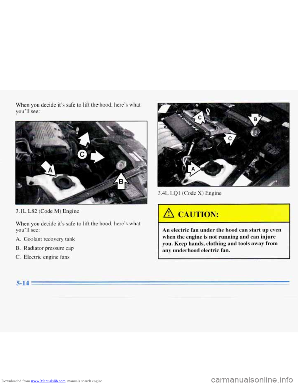 CHEVROLET MONTE CARLO 1996 5.G Owners Manual Downloaded from www.Manualslib.com manuals search engine When you decide it’s safe to lift the hood, here’s what
you’ll see:
3.1L L82 (Code M) Engine
When you decide it’s safe to
lift CHEVROLET MONTE CARLO 1996 5.G Owners Manual Downloaded from www.Manualslib.com manuals search engine When you decide it’s safe to lift the hood, here’s what
you’ll see:
3.1L L82 (Code M) Engine
When you decide it’s safe to
lift