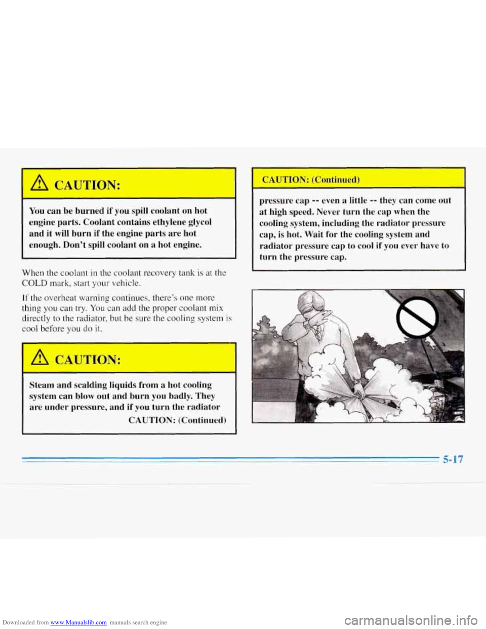 CHEVROLET MONTE CARLO 1996 5.G Owners Manual Downloaded from www.Manualslib.com manuals search engine You can be burned  if  you spill coolant on hot 
engine  parts. Coolant contains ethylene  glycol 
and  it will  burn  if the  engine  parts  a