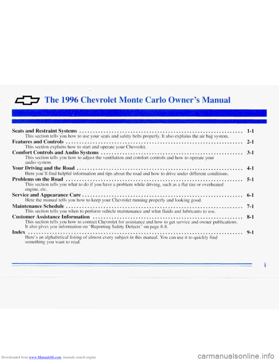CHEVROLET MONTE CARLO 1996 5.G Owners Manual Downloaded from www.Manualslib.com manuals search engine d> The  1996  Chevrolet  Monte  Carlo  Owner’s  Manual 
Seats  and  Restraint  Systems ......................................................