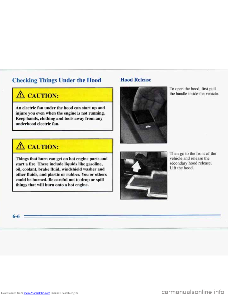CHEVROLET MONTE CARLO 1996 5.G Owners Manual Downloaded from www.Manualslib.com manuals search engine Checking Things Under the Hood
An electric fan under the hoodcan start up and
injure you even when the engine
is not running. CHEVROLET MONTE CARLO 1996 5.G Owners Manual Downloaded from www.Manualslib.com manuals search engine Checking Things Under the Hood
An electric fan under the hoodcan start up and
injure you even when the engine
is not running.