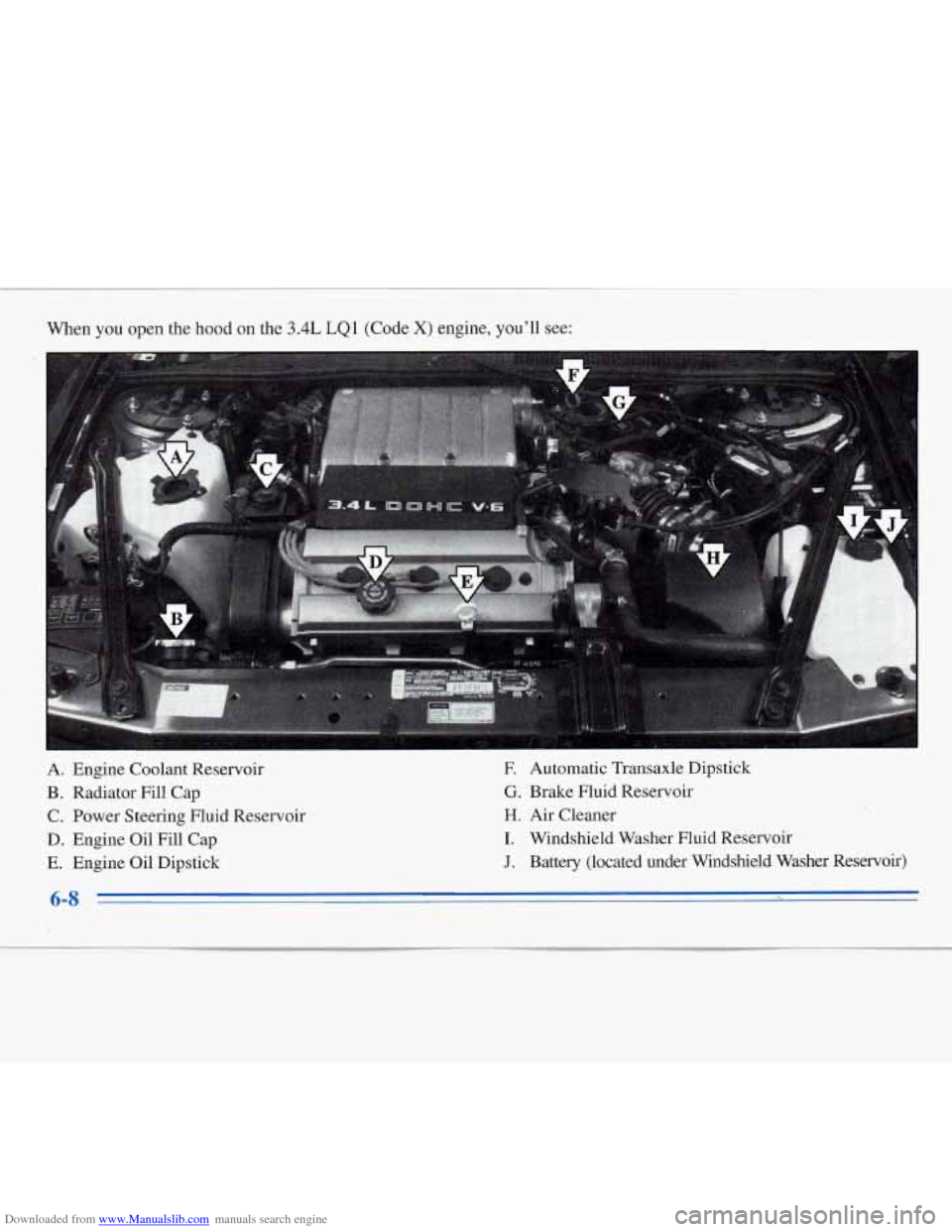 CHEVROLET MONTE CARLO 1996 5.G Owners Manual Downloaded from www.Manualslib.com manuals search engine !i 
When you open  the hood on the 3.4L LQ1 (Code X) engine, you’ll see: 
A. Engine  Coolant Reservoir 
B.  Radiator Fill  Cap 
C. Power Stee