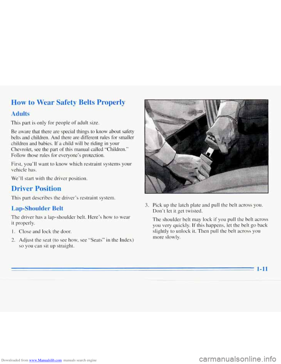 CHEVROLET MONTE CARLO 1996 5.G Owners Manual Downloaded from www.Manualslib.com manuals search engine How to Wear  Safety Belts Properly 
Adults 
This part is only for people of adult size. 
Be  aware  that  there  are  special  things  to  know