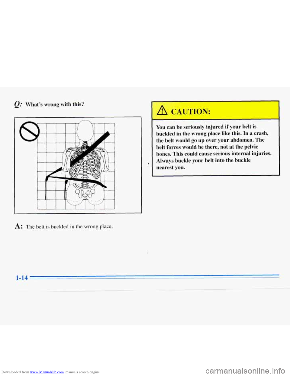 CHEVROLET MONTE CARLO 1996 5.G Owners Manual Downloaded from www.Manualslib.com manuals search engine What’s wrong with this? 
7 
f 
You can be seriously  injured if your belt is 
buckled in  the wrong place like  this. In 
a crash, 
the  belt