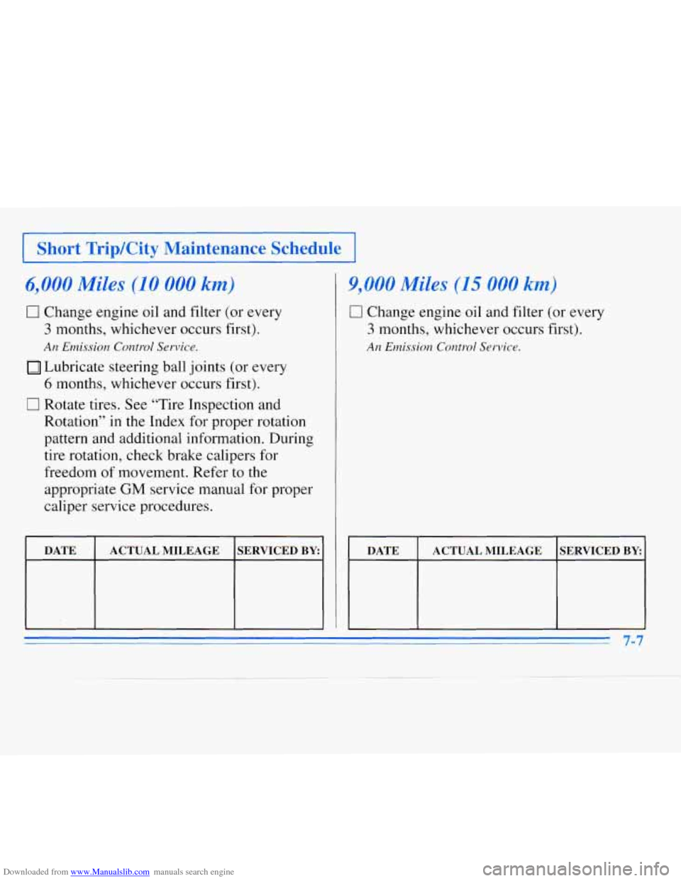 CHEVROLET MONTE CARLO 1996 5.G Owners Manual Downloaded from www.Manualslib.com manuals search engine I Short TripKity Maintenance Schedule
6,000 Miles (10 000 km)
0 Change engine oil and filter (or every
3 months, whichever occurs first).
CHEVROLET MONTE CARLO 1996 5.G Owners Manual Downloaded from www.Manualslib.com manuals search engine I Short TripKity Maintenance Schedule
6,000 Miles (10 000 km)
0 Change engine oil and filter (or every
3 months, whichever occurs first).