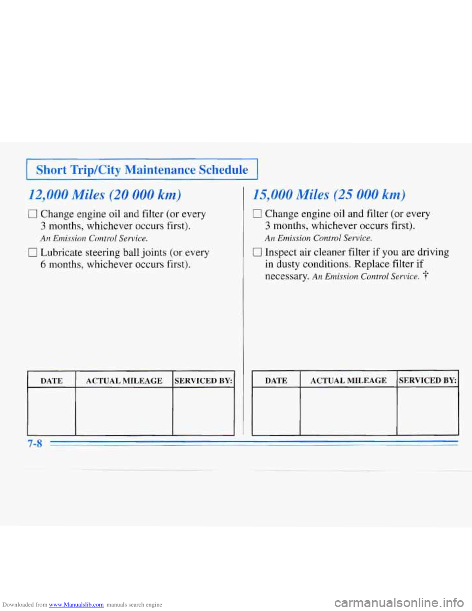 CHEVROLET MONTE CARLO 1996 5.G Owners Manual Downloaded from www.Manualslib.com manuals search engine I Short Trip/City Maintenance Schedule I
12,000 Miles (20 000 km)
17 Change engine oil and filter (or every
3 months, whichever occurs CHEVROLET MONTE CARLO 1996 5.G Owners Manual Downloaded from www.Manualslib.com manuals search engine I Short Trip/City Maintenance Schedule I
12,000 Miles (20 000 km)
17 Change engine oil and filter (or every
3 months, whichever occurs