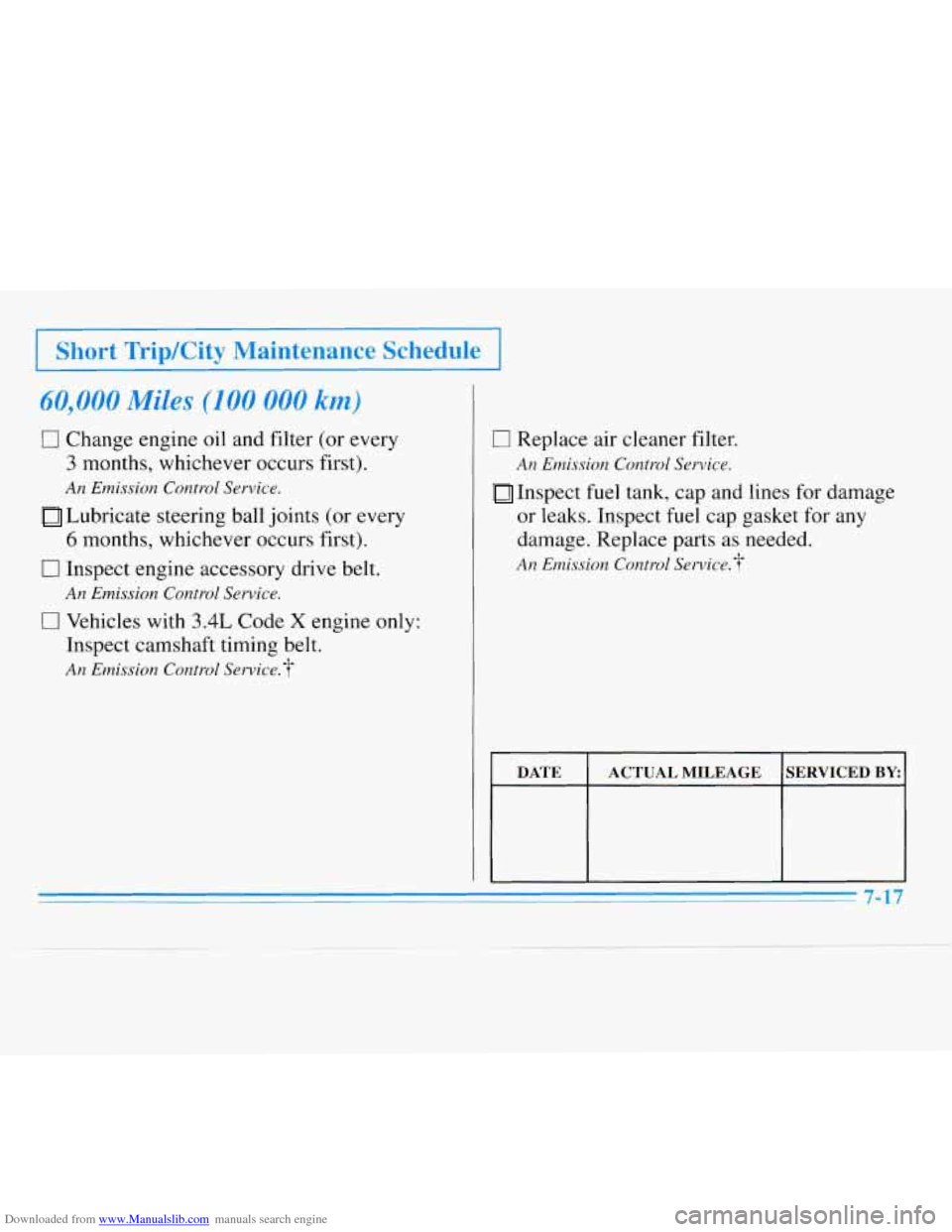 CHEVROLET MONTE CARLO 1996 5.G Owners Manual Downloaded from www.Manualslib.com manuals search engine r 
Short TripKity Maintenance Schedule 
60,OQO Miles (100 000 km) 
0 Change engine oil and filter (or every 
3 months, whichever occurs first).