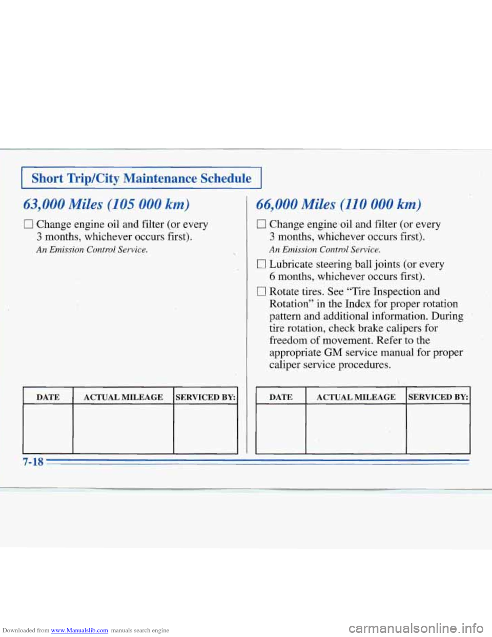 CHEVROLET MONTE CARLO 1996 5.G Owners Manual Downloaded from www.Manualslib.com manuals search engine 1 Short TripKity Maintenance Schedule I
63,000 Miles (105 000 km)
0 Change engine oil and filter (or every
3 months, whichever occurs f CHEVROLET MONTE CARLO 1996 5.G Owners Manual Downloaded from www.Manualslib.com manuals search engine 1 Short TripKity Maintenance Schedule I
63,000 Miles (105 000 km)
0 Change engine oil and filter (or every
3 months, whichever occurs f