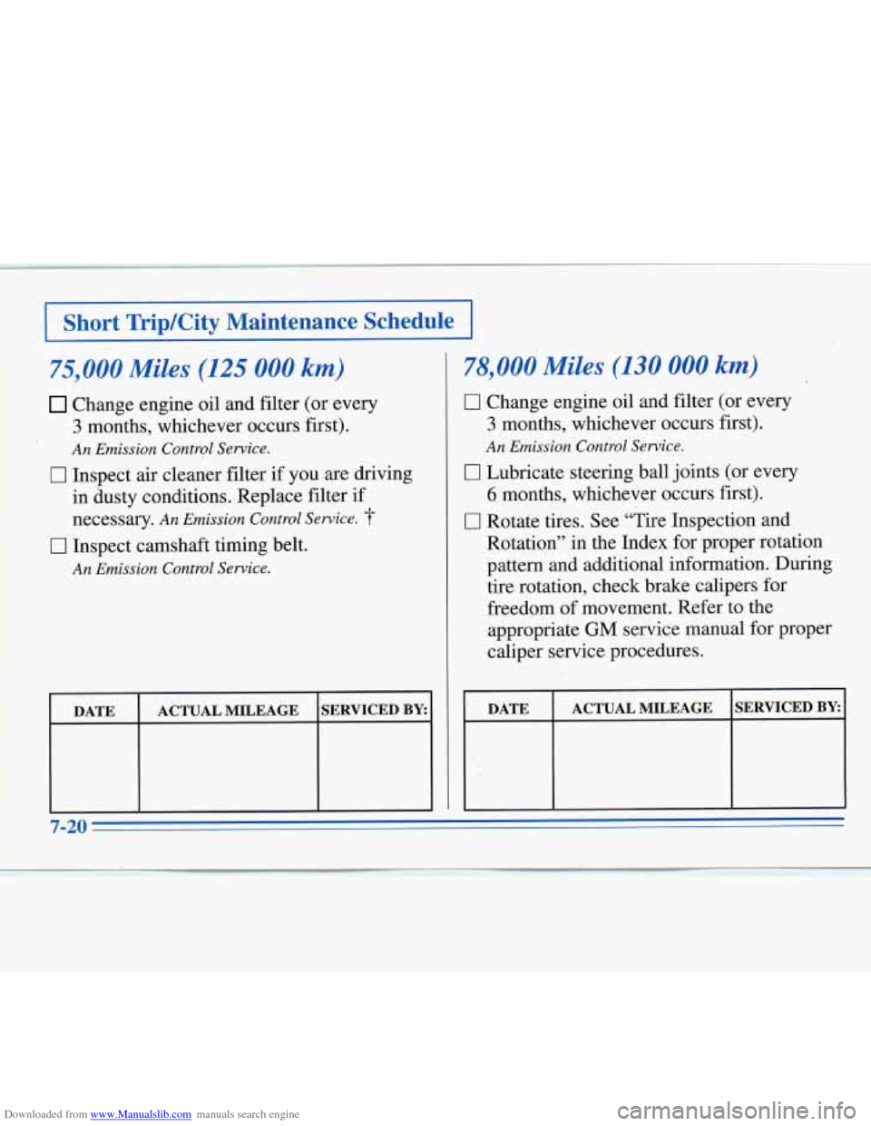 CHEVROLET MONTE CARLO 1996 5.G Owners Manual Downloaded from www.Manualslib.com manuals search engine T’ 3 - 1 Short TripKity Maintenance Schedule I
75,000 Miles (125 000 km)
Change engine oil and filter (or every
3 months, whichever oc CHEVROLET MONTE CARLO 1996 5.G Owners Manual Downloaded from www.Manualslib.com manuals search engine T’ 3 - 1 Short TripKity Maintenance Schedule I
75,000 Miles (125 000 km)
Change engine oil and filter (or every
3 months, whichever oc