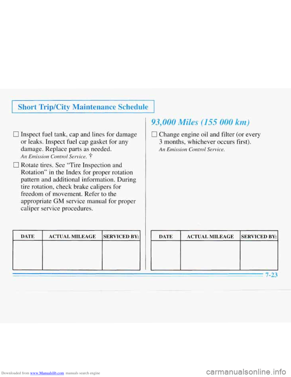 CHEVROLET MONTE CARLO 1996 5.G Owners Manual Downloaded from www.Manualslib.com manuals search engine I Short TripKity Maintenance Schedule I
CI Inspect fuel tank, cap and lines for damage
or leaks. Inspect fuel cap gasket for any
damage. CHEVROLET MONTE CARLO 1996 5.G Owners Manual Downloaded from www.Manualslib.com manuals search engine I Short TripKity Maintenance Schedule I
CI Inspect fuel tank, cap and lines for damage
or leaks. Inspect fuel cap gasket for any
damage.